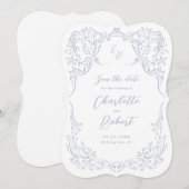 ほこりっぽいブルーヴィンテージフローリッシュモノグラム結婚ズ セーブザデート (正面/裏面)