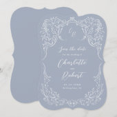 ほこりっぽいブルーヴィンテージフローリッシュモノグラム結婚ズ セーブザデート (正面/裏面)