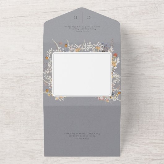 ほこりっぽいブルーヴィンテージロマンチックなワイルドフラワーディナー オールインワン招待状 (外側)