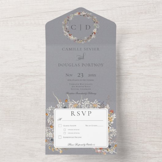 ほこりっぽいブルーヴィンテージロマンチックなワイルドフラワーディナー オールインワン招待状 (内側)