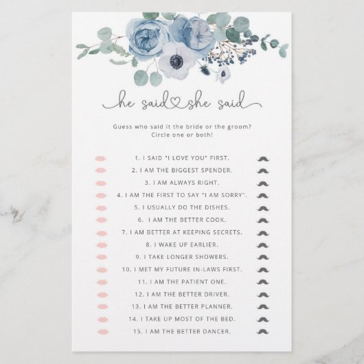 ほこりっぽいブルー彼は彼女はブライダルシャワーゲームと言った (正面)