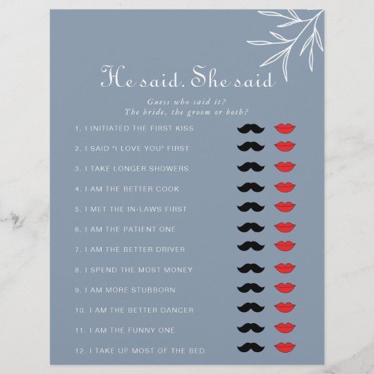 ほこりっぽいブルー彼は彼女はブライダルシャワーゲームと言った (正面)