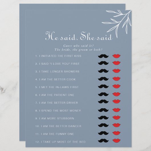 ほこりっぽいブルー彼は彼女はブライダルシャワーゲームと言った (正面/裏面)