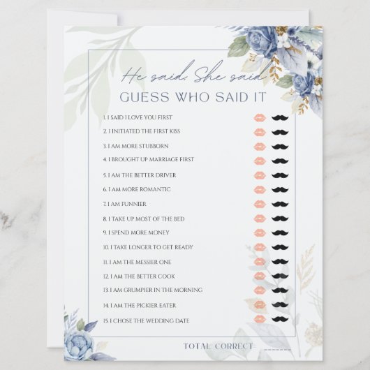 ほこりっぽいブルー彼は彼女はブライダルシャワーゲームと言った (正面)