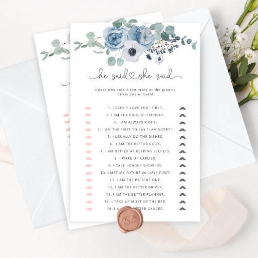 ほこりっぽいブルー彼は彼女はブライダルシャワーゲームと言った