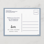 ほこりっぽいブルー新婚1stクリスマスフォトスノーフレーク シーズンポストカード (裏面)