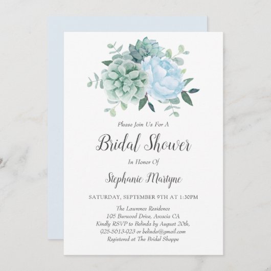 ほこりっぽいブルー牡丹の多肉類ブライダルシャワー 招待状 (正面/裏面)