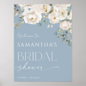 ほこりっぽいブルー白フローラブライダルシャワー歓迎 ポスター (正面)