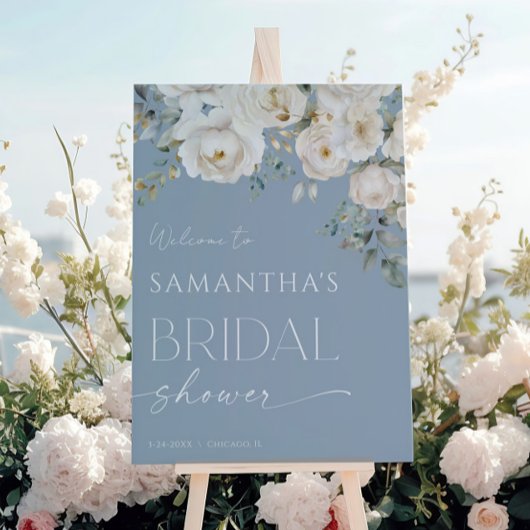 ほこりっぽいブルー白フローラブライダルシャワー歓迎 ポスター