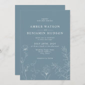 ほこりっぽいブルー石板ブルーワイルドフラワーズ結婚フローラ 招待状 (正面/裏面)