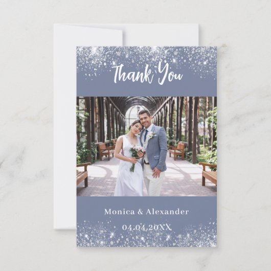ほこりっぽいブルー結婚シルバーの写真サンキューカード 招待状 (正面)