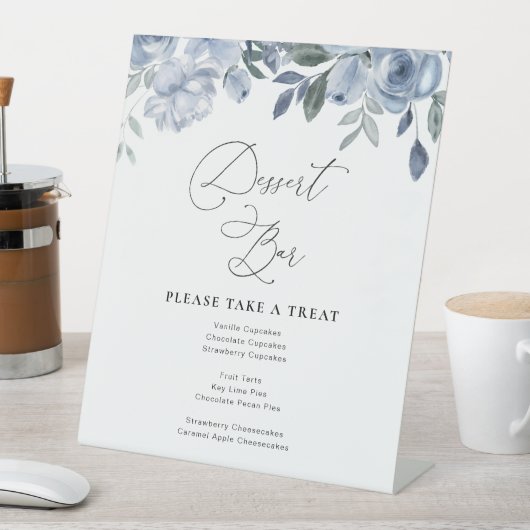 ほこりっぽいブルー結婚フローラのデザートバー標識 台座サイン (インサイチュ)