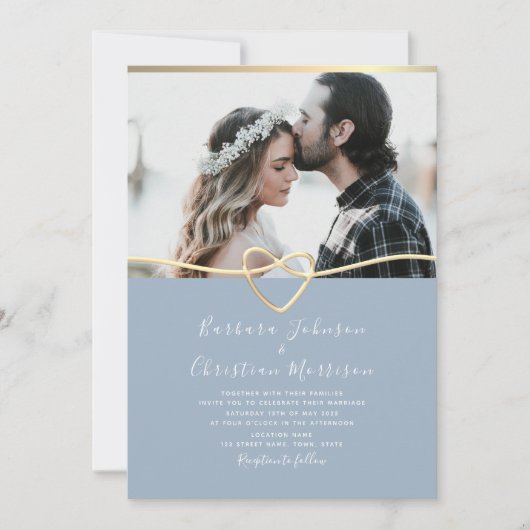 ほこりっぽいブルー結婚式招待状と写真 招待状 (正面)