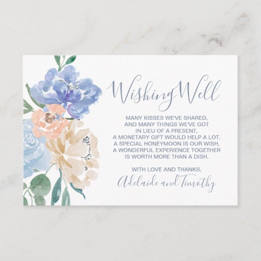 ほこりっぽいブルー結婚花模様の願い事 エンクロージャーカード (正面)