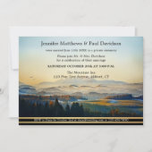 ほこりっぽいブルー絵を描金ゴールドマウンテンウェディングレセプション 招待状 (正面)