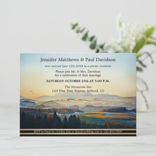 ほこりっぽいブルー絵を描金ゴールドマウンテンウェディングレセプション 招待状 (スタンド正面)