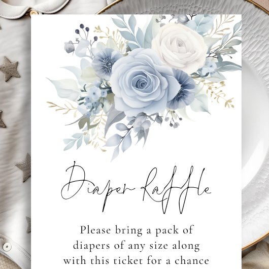 ほこりっぽいブルー花模様おむつラッフルベビーシャワー エンクロージャーカード