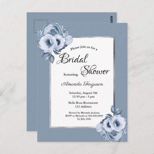 ほこりっぽいブルー花模様のブライダルシャワー招待状 ポストカード (正面/裏面)