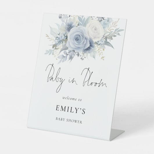 ほこりっぽいブルー花模様ウェルカムベビーイン開花シャワー 台座サイン (正面)