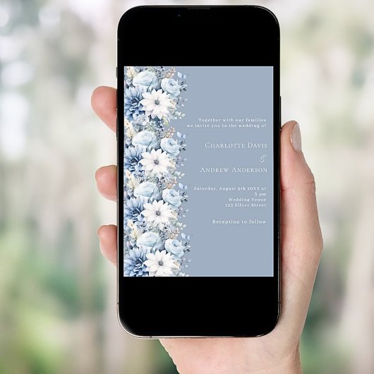 ほこりっぽいブルー花模様エレガントな結婚式 招待状