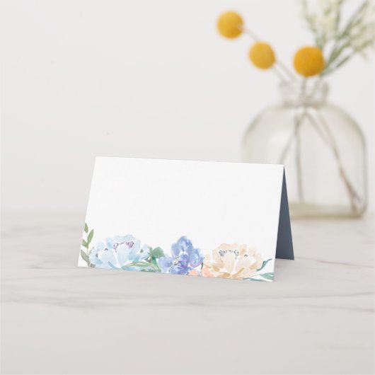 ほこりっぽいブルー花模様ビュッフェ食品ラベルカード プレイスカード (正面)