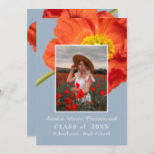 ほこりっぽいブルー花模様フォトフレームモダン卒業 案内状 (正面/裏面)