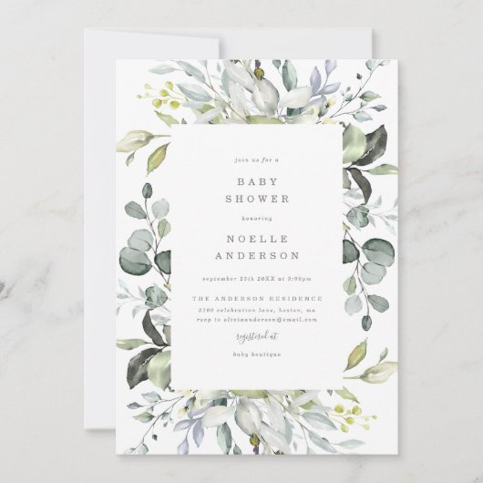 ほこりっぽいブルー花模様ベビーシャワー招待状 招待状 (正面)