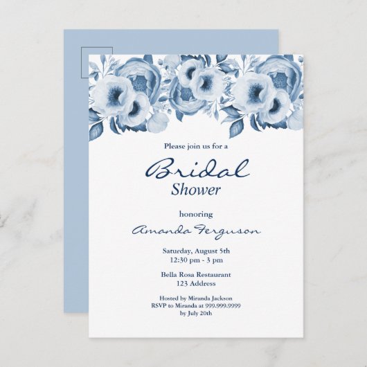 ほこりっぽいブルー花模様白いブライダルシャワー招待状 ポストカード (正面/裏面)