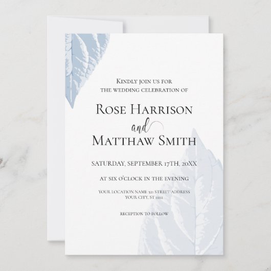 ほこりっぽいブルー葉結婚式招待状 招待状 (正面)