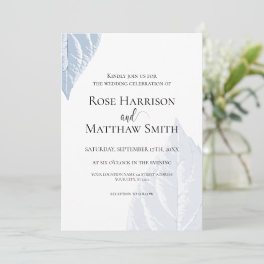 ほこりっぽいブルー葉結婚式招待状 招待状 (スタンド正面)