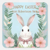 ほこりっぽいブルー赤面ピンクの花バニーラビットイースター スクエアシール (正面)