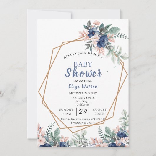 ほこりっぽいブルー赤面ピンクフローラベビーシャワー 招待状 (正面)