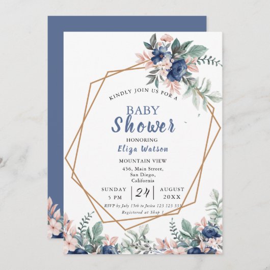 ほこりっぽいブルー赤面ピンクフローラベビーシャワー 招待状 (正面/裏面)