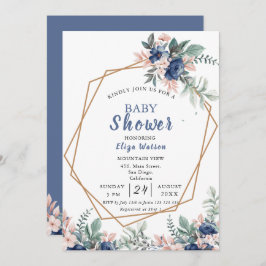 ほこりっぽいブルー赤面ピンクフローラベビーシャワー 招待状
