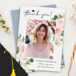 ほこりっぽいブルー赤面ピンクフローラ卒業写真 サンキューカード