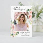 ほこりっぽいブルー赤面ピンクフローラ卒業写真 サンキューカード (スタンド正面)