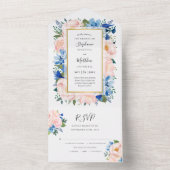 ほこりっぽいブルー赤面ピンクフローラ水の色結婚の オールインワン招待状 (内側)