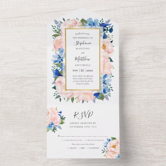ほこりっぽいブルー赤面ピンクフローラ水の色結婚の オールインワン招待状 (内側)