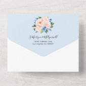 ほこりっぽいブルー赤面ピンクフローラ水の色結婚の オールインワン招待状 (裏面)