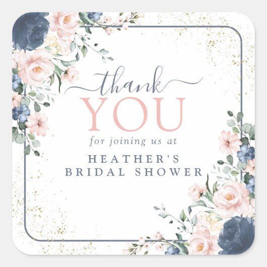 ほこりっぽいブルー赤面ピンク金ゴールドフローラシャワーありがとう スクエアシール (正面)