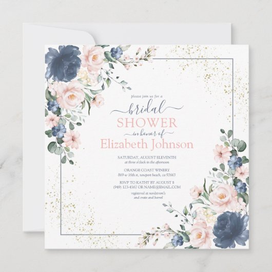 ほこりっぽいブルー赤面ピンク金ゴールドフローラスクエアシャワー 招待状 (正面)