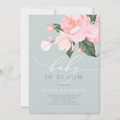 ほこりっぽいブルー赤面フローラ女の子ベビーイン開花シャワー 招待状 (正面)