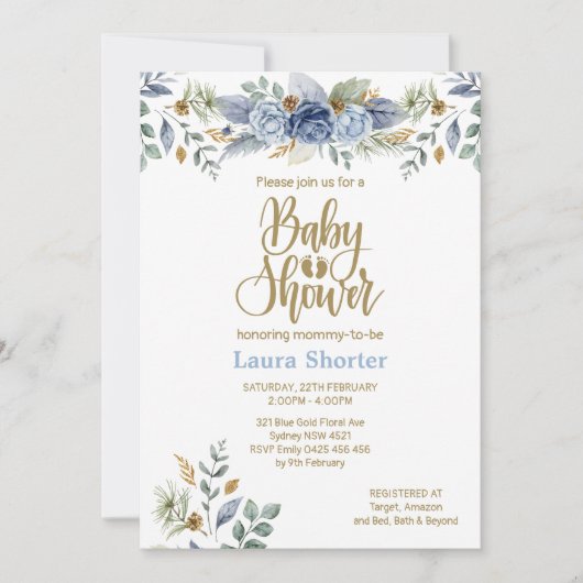 ほこりっぽいブルー金ゴールドフローラボーイベビーシャワー 招待状 (正面)