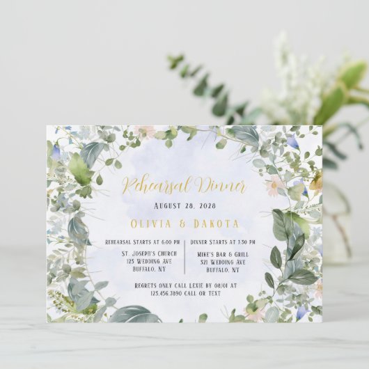 ほこりっぽいブルー金ゴールドワイルドフラワーリハーサルディナー 招待状 (スタンド正面)