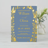 ほこりっぽいブルー金ゴールドワイルドフラワー結婚の写真 箔招待状 (立ち正面)