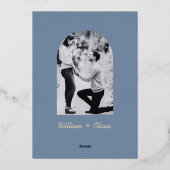 ほこりっぽいブルー金ゴールドワイルドフラワー結婚の写真 箔招待状 (裏面)