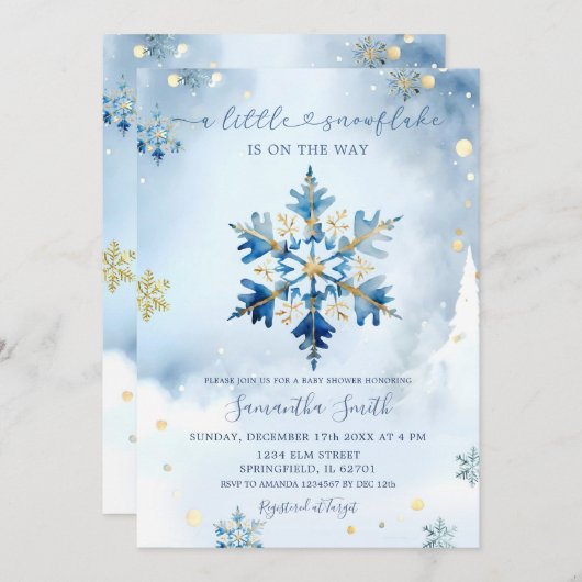ほこりっぽいブルー金ゴールド冬のスノーフレーク赤ちゃんシャワー 招待状 (正面/裏面)