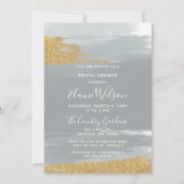 ほこりっぽいブルー金ゴールド書道ブライダルシャワー 招待状 (正面)