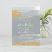 ほこりっぽいブルー金ゴールド書道ブライダルシャワー 招待状 (スタンド正面)