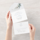 ほこりっぽいブルー金ゴールド葉緑のエレガントな結婚式 オールインワン招待状 (貼ってはがせる)